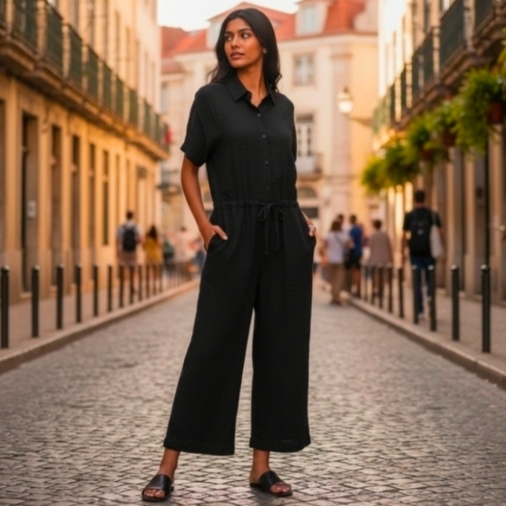 Eileen Fisher Classic Collar Short Sleeve Wide Leg Jumsuit Size XS Tall Black